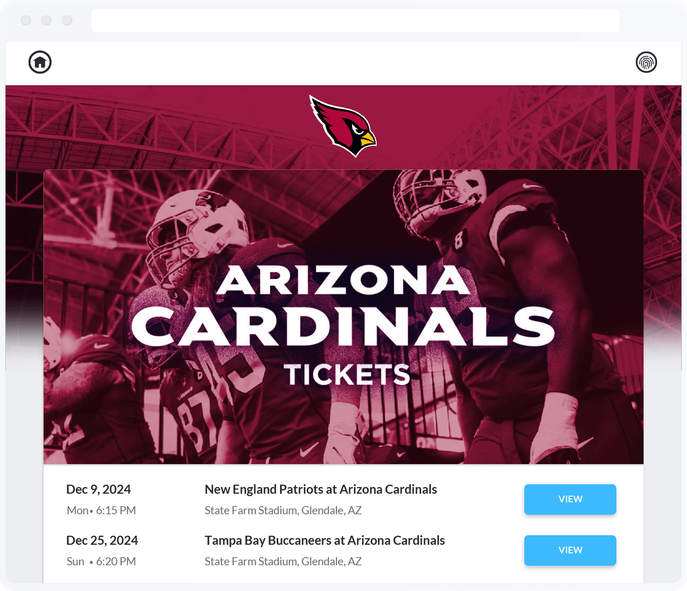 Web browser showing an interface to purchase Arizona Cardinals tickets