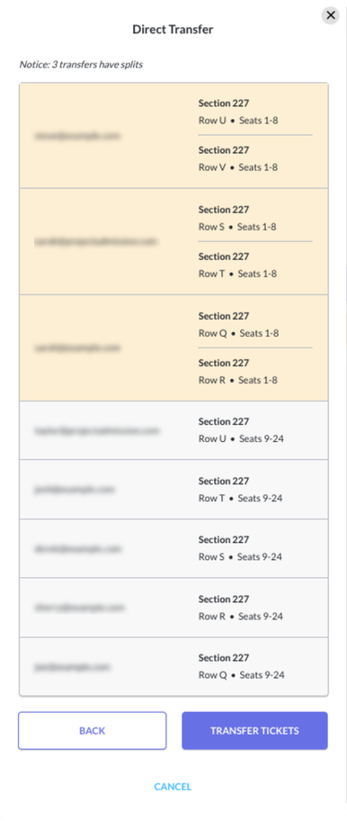 The Project Admission direct transfer interface with highlighted tickets