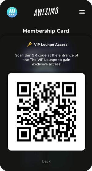 Screen showing an Awesimo membership QR code